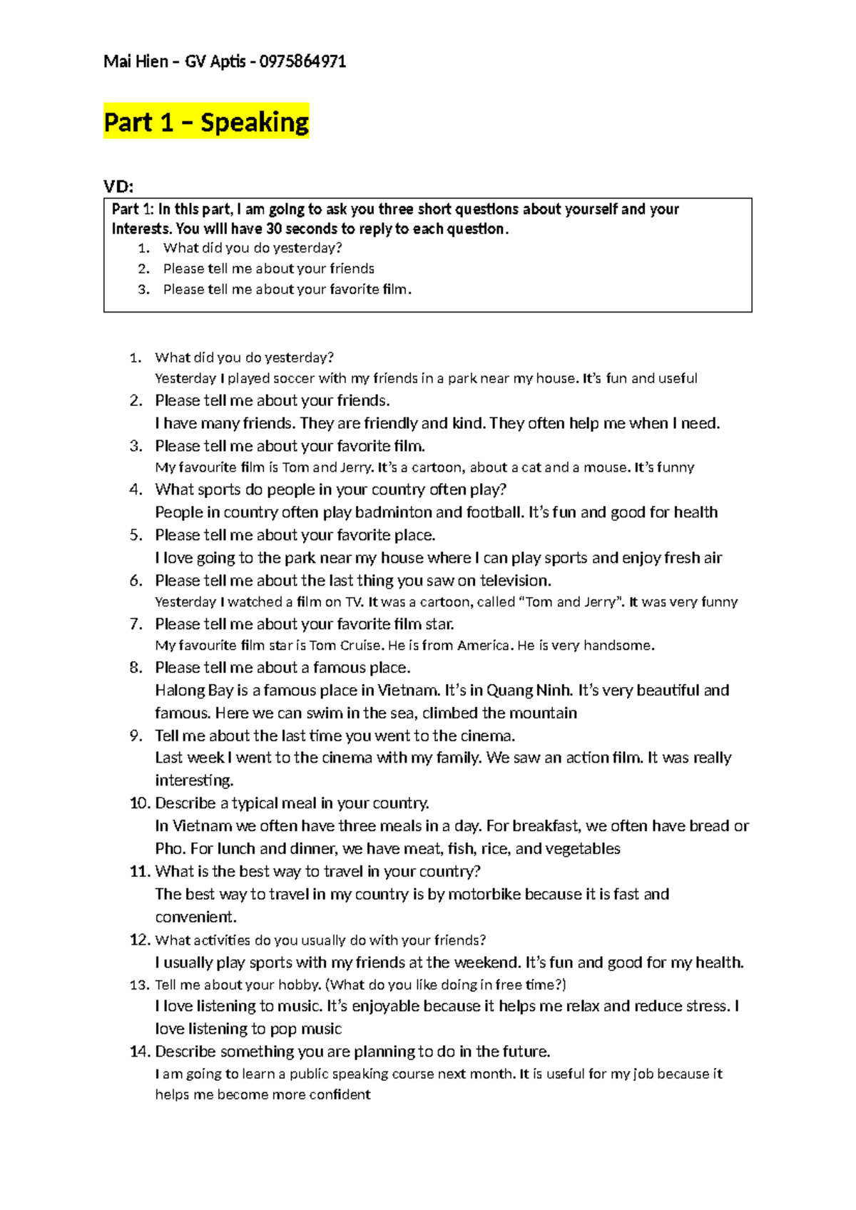 Aptis 0975864971 Speaking Part 1 & 2 Practice Responses - Studocu