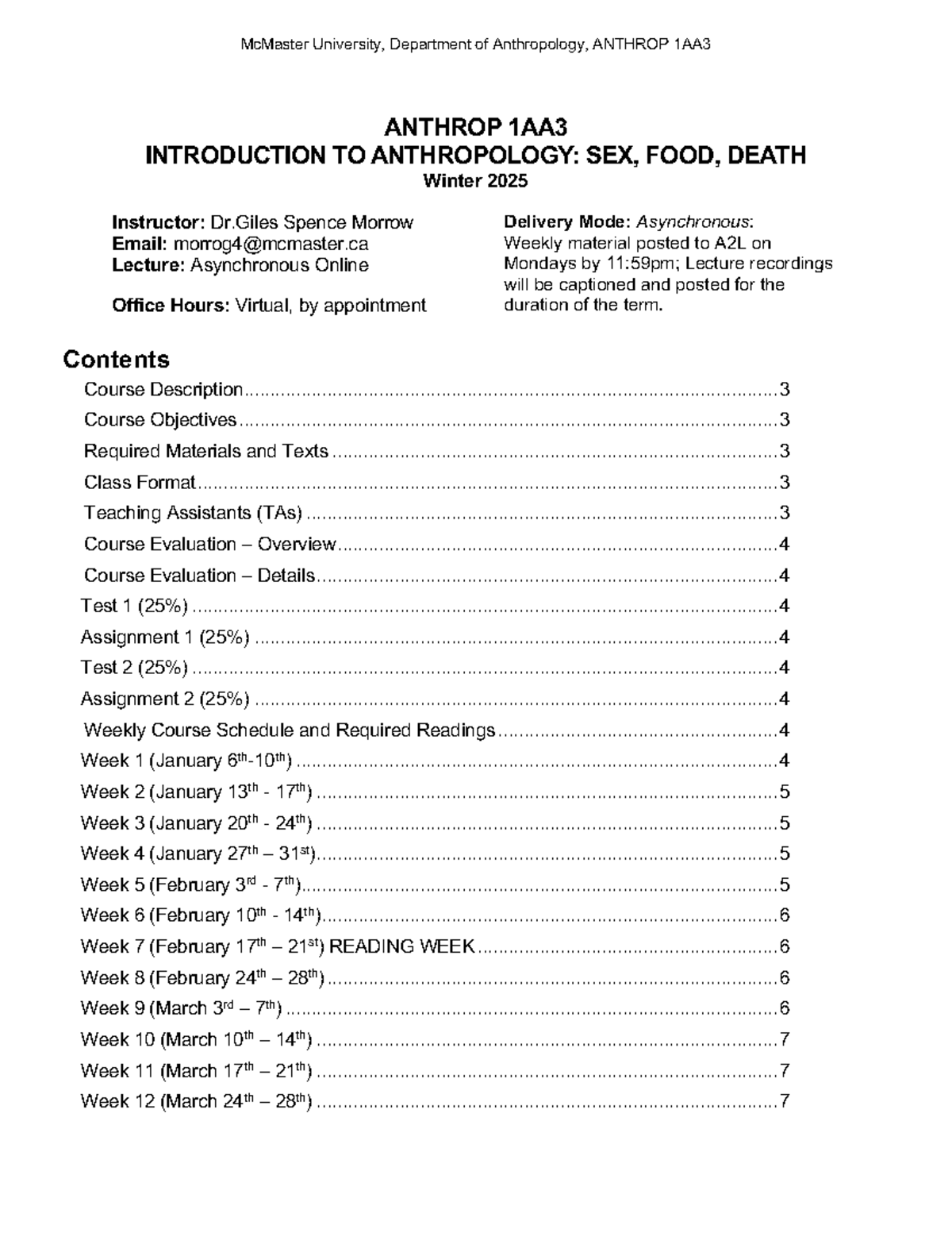 ANTHROP 1AA3 Introduction to anthropology: Sex, food, death syllabus ...