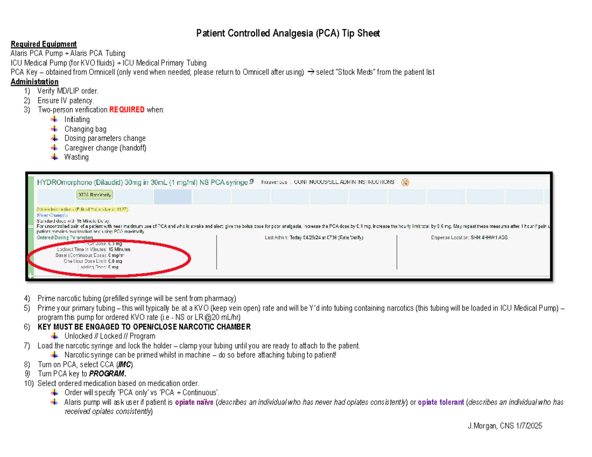 Patient Controlled Analgesia (PCA) Tip Sheet 2025 - Studocu