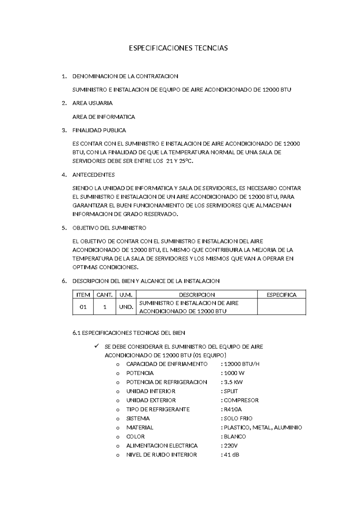 ESPECIFICACIONES TÉCNICAS PARA AIRE ACONDICIONADO 12000 BTU - Document Preview