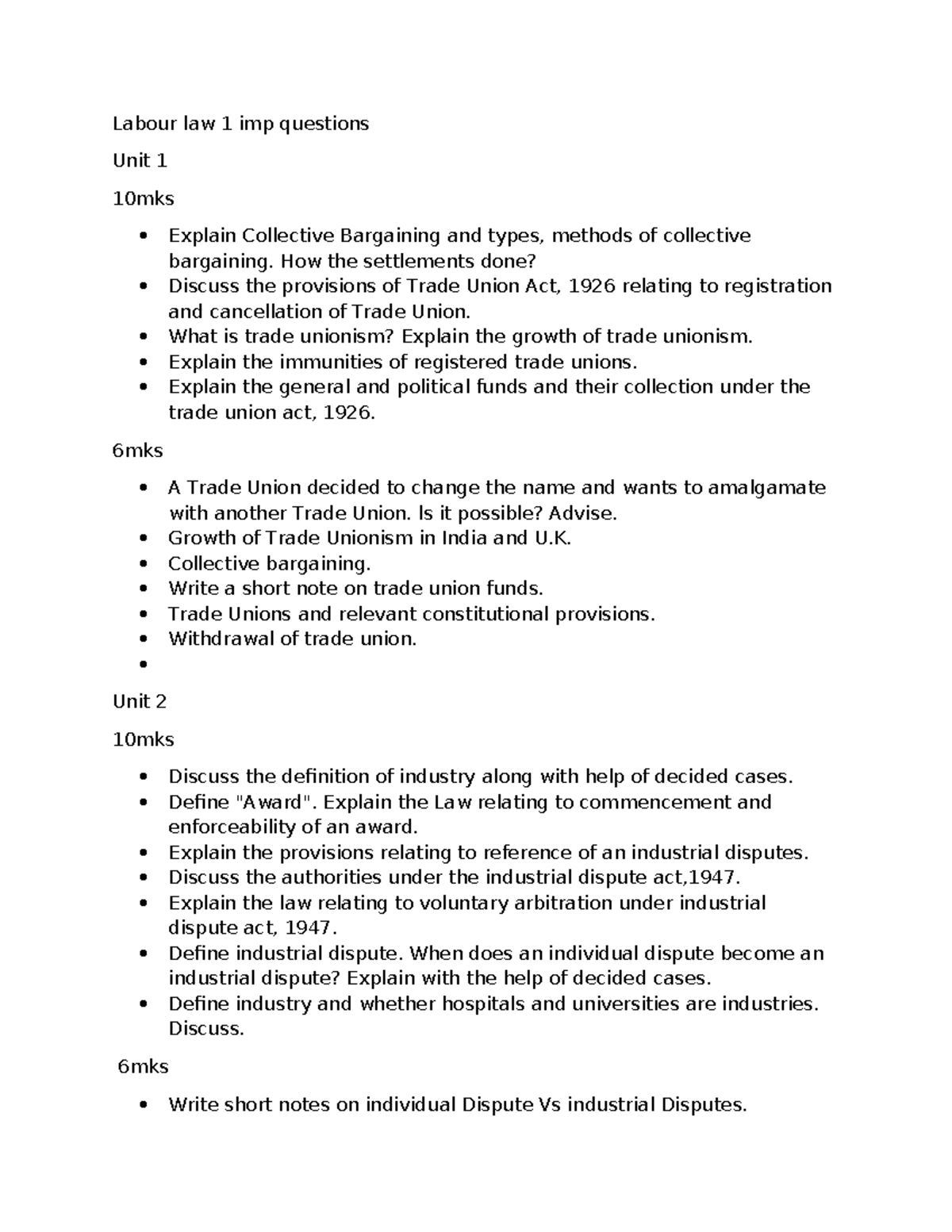 Labour Law I (LLB101): Key Questions from Previous Year Papers - Studocu