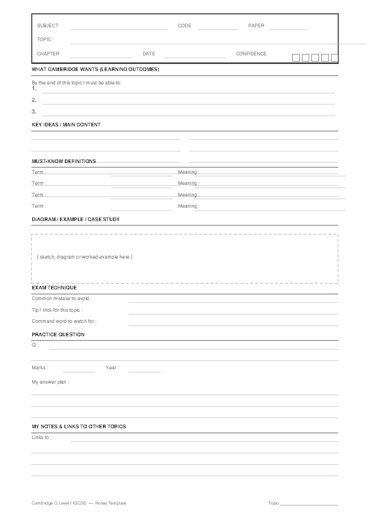 Cambridge O Level IGCSE Notes Template: Learning Outcomes & Key Ideas ...