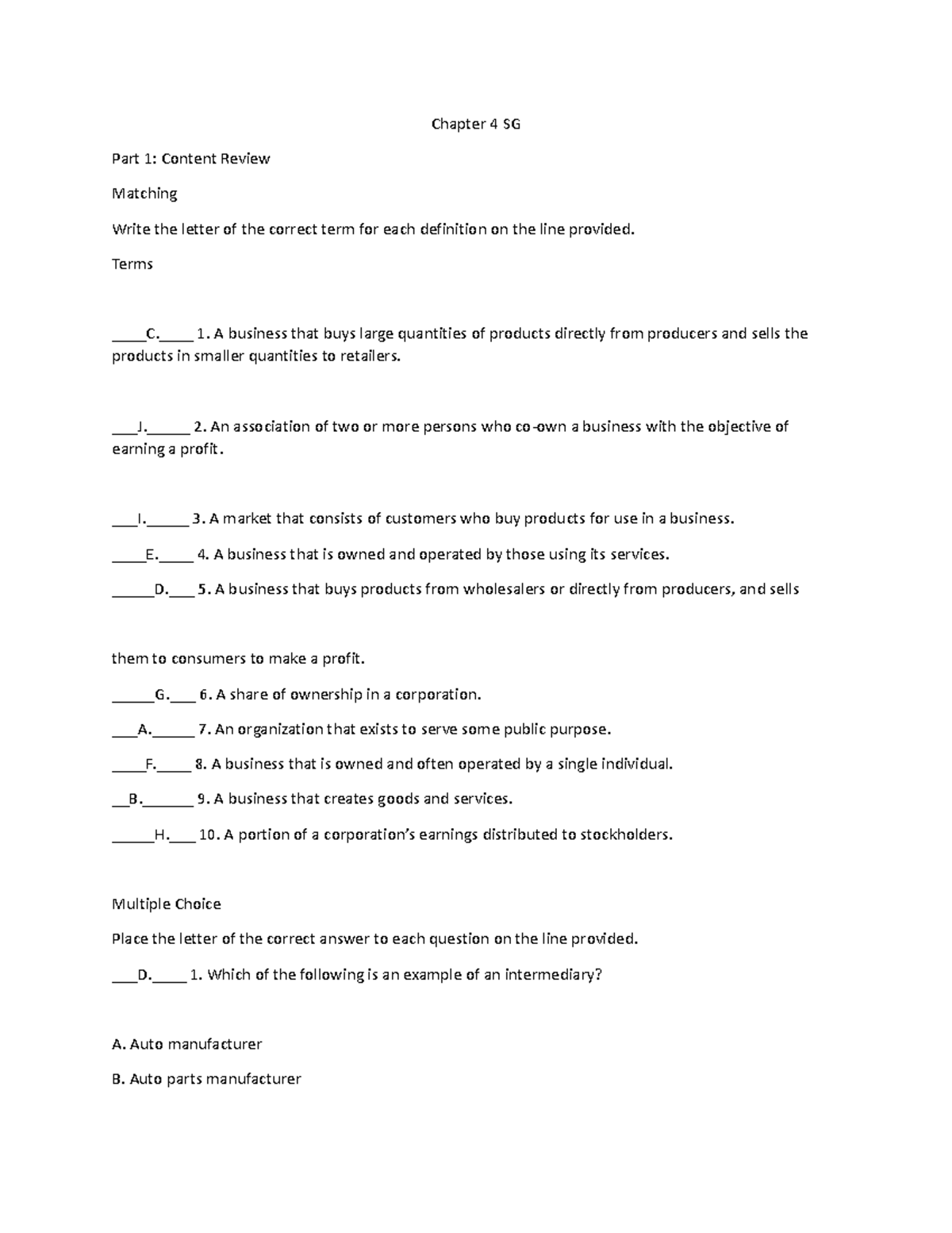 Chapter 4 Study Guide: POB Class Assignment Review - Studocu