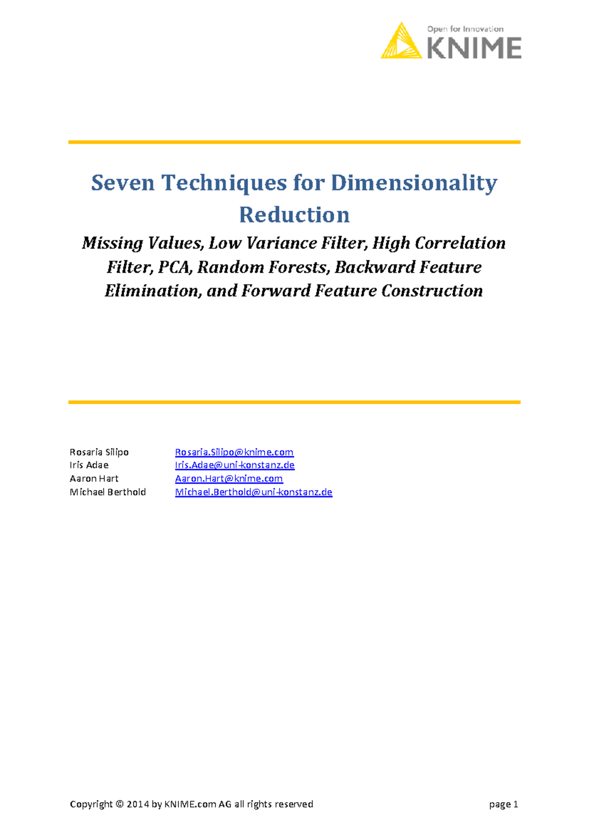 Seven Techniques for Dimensionality Reduction in Data Analysis (KNIME ...
