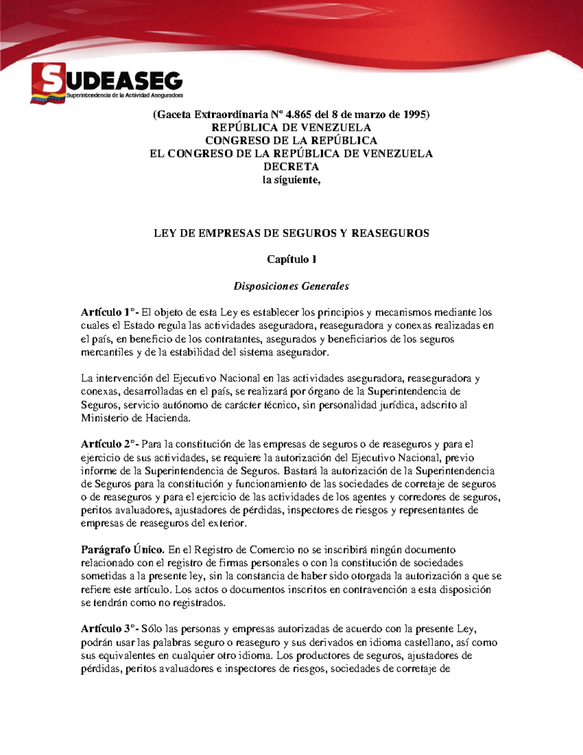 Ley de Empresas de Seguros y Reaseguros - Gaceta Extraordinaria Nº 4. ...