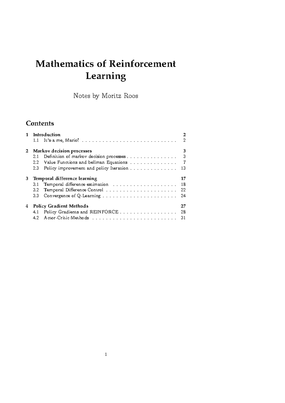 Reinforcement learning (RL) lecture notes: key concepts and methods ...