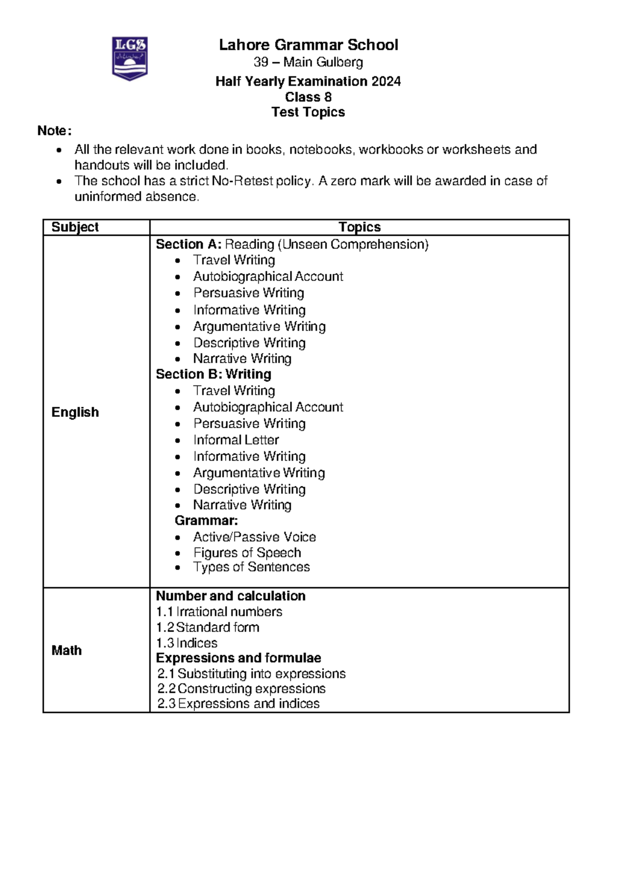Grade 8 Test Topics Half Yearly 2024 - Note: Lahore Grammar School 39 ...