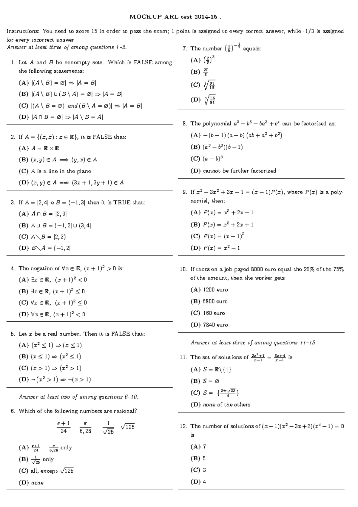 test ofa matematica - MOCKUP ARL test 2014-. Instructions: You need to ...