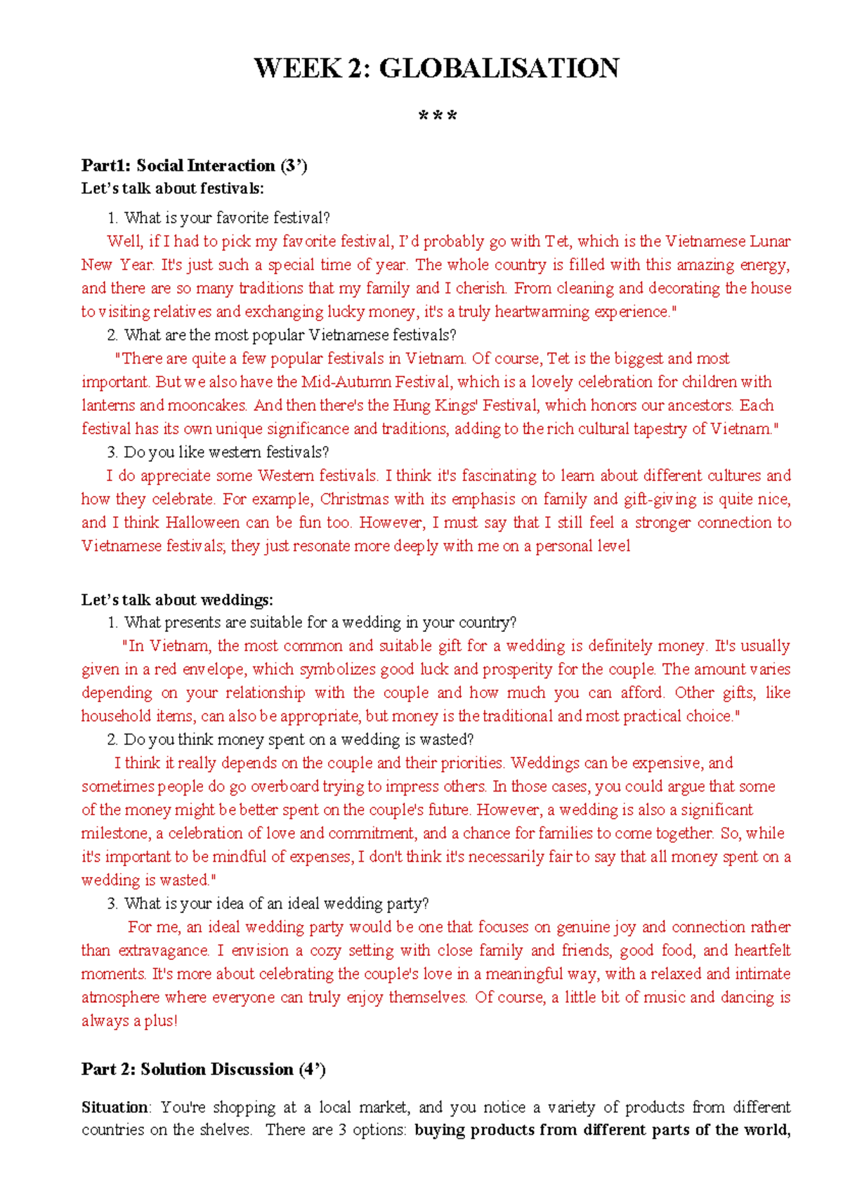 WEEK 2: GLOBALIZATION - Festivals, Weddings, and Market Choices - Document Preview