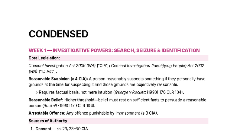 CONDENSED WEEK 1-12: INVESTIGATIVE POWERS & DEFENSES (CRIMINAL LAW ...