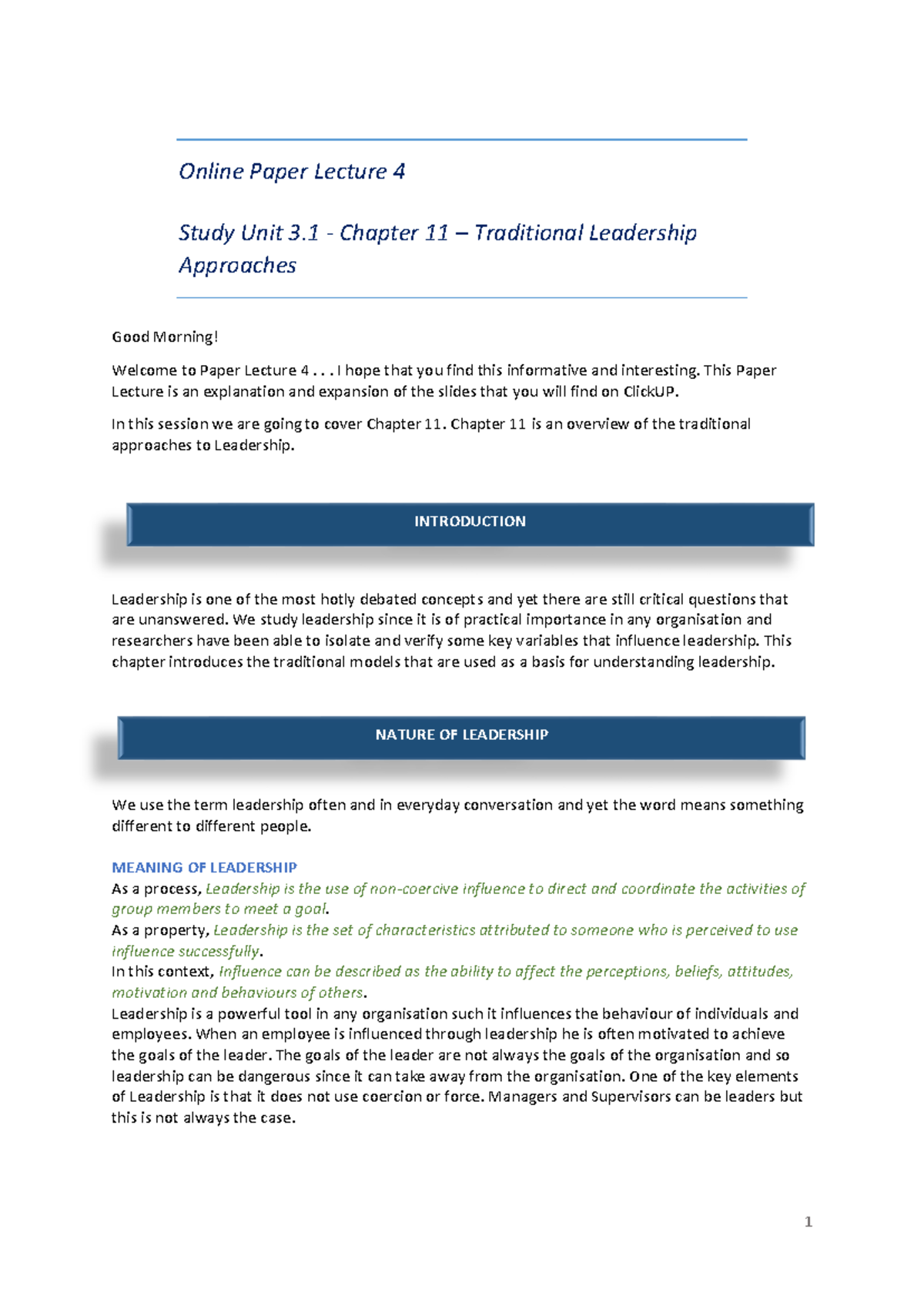 BDO 214 - Paper Lecture 4 - Study Unit 3.1 - Chapter 11 - Online Paper ...