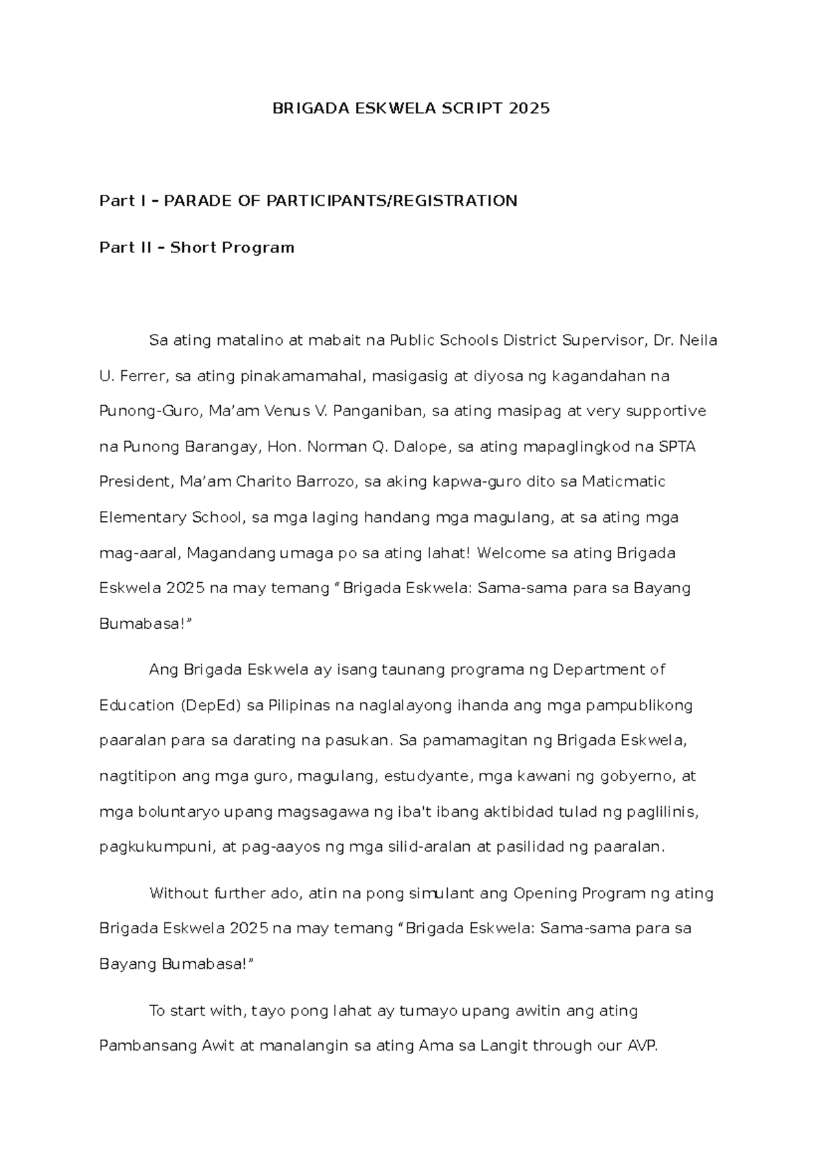Brigada Eskwela 2025 Script: Opening Program and Activities - Studocu
