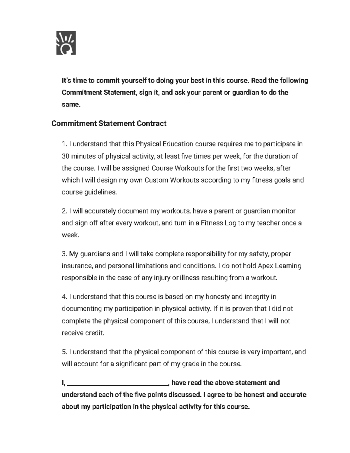 1.1.2 Practice - Commitment Statement for PE Course - Studocu