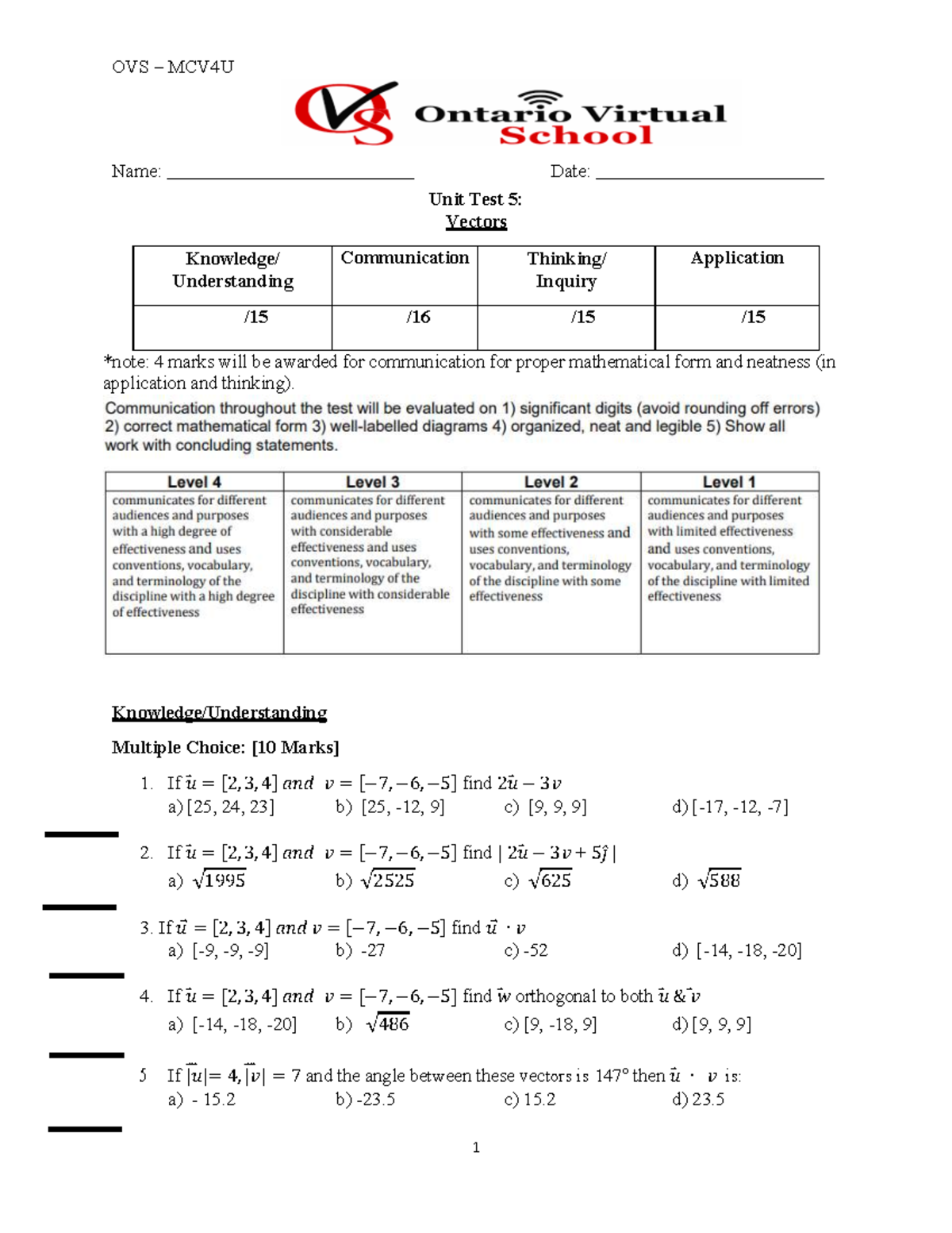 OVS MCV4U Unit Test 5: Vectors - Communication, Thinking, Application ...