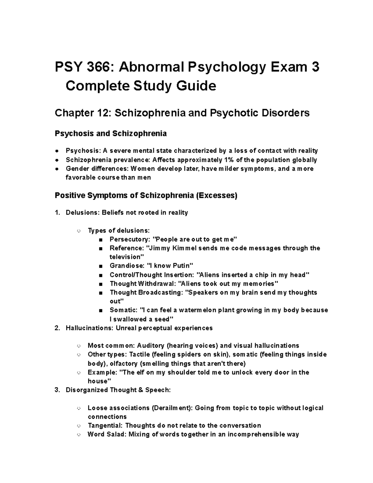 PSY 366: Comprehensive Study Guide for Exam 3 on Schizophrenia and ...
