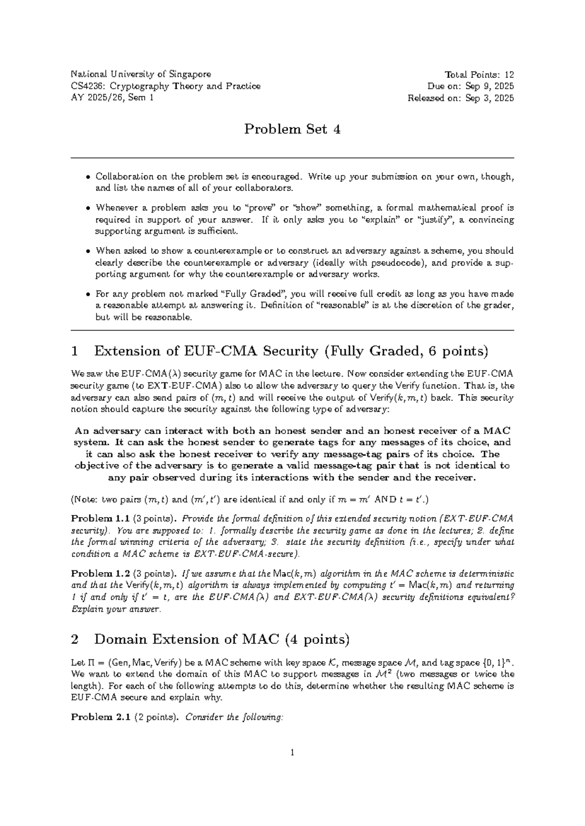 CS4236: Cryptography Theory & Practice - Problem Set 4 - Studocu