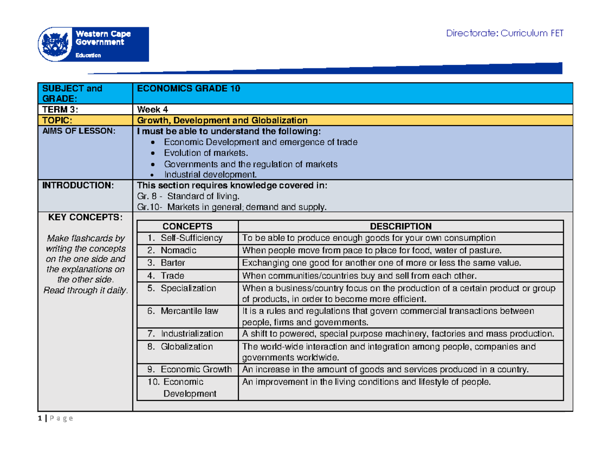 Economics Grade 10 Term 3 Week 4: Growth, Development & Globalization ...