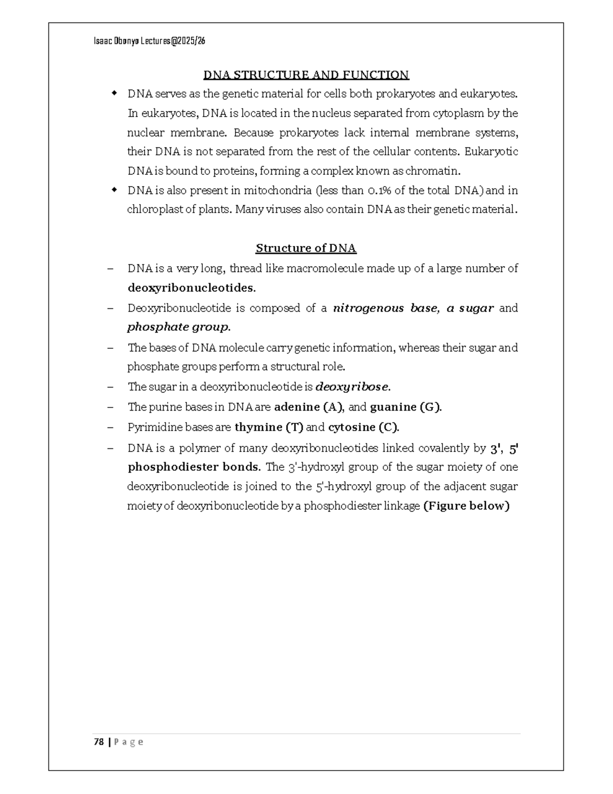 DNA AND RNA Structure Notes (BIO 101) - Studocu