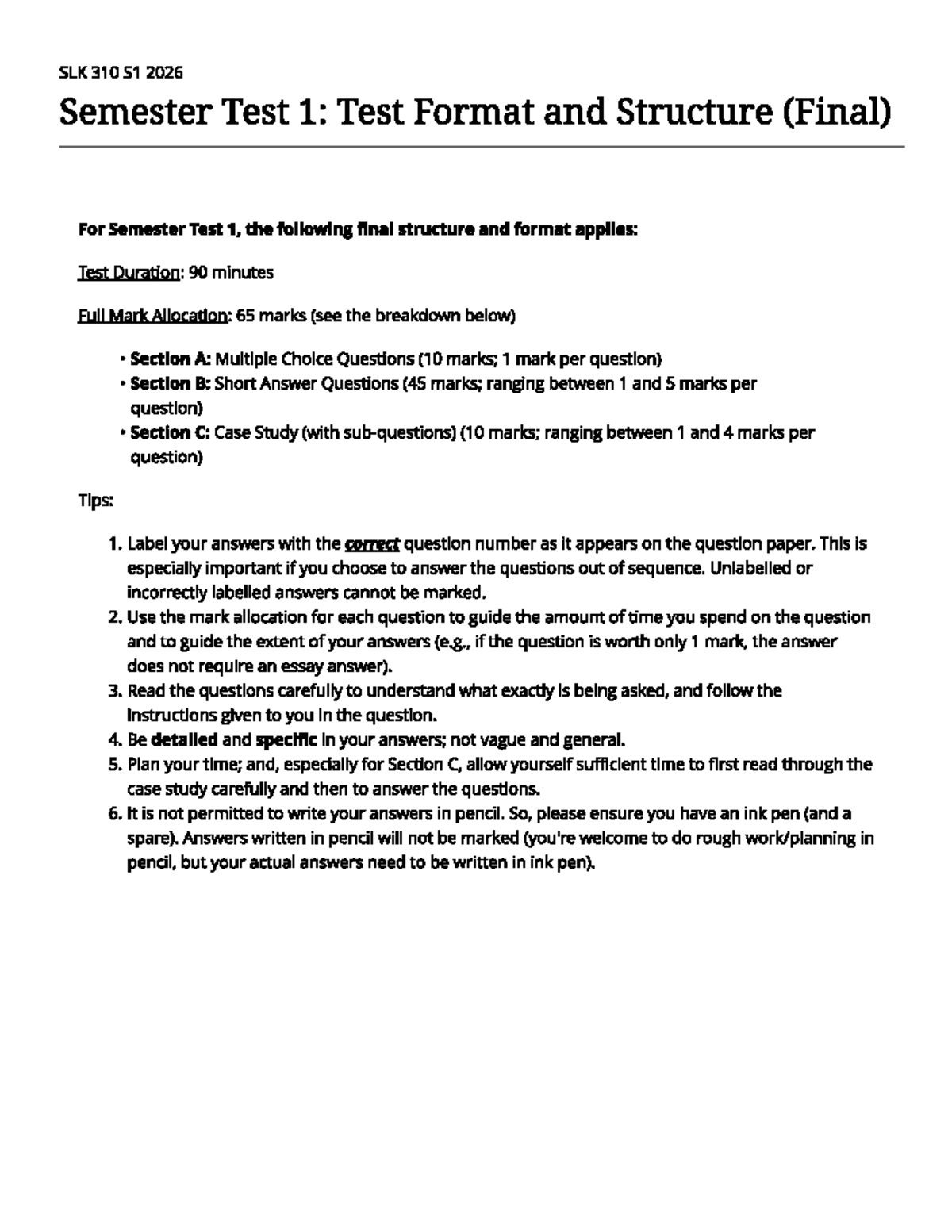 SLK 310 S1 2026 Semester Test 1: Format & Structure Guide - Studocu