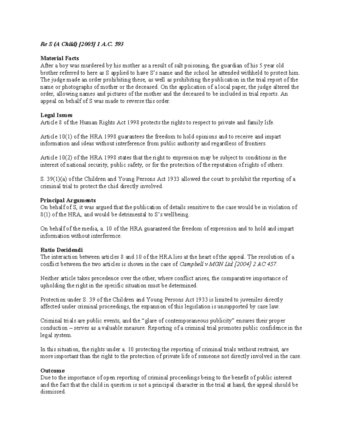 Case Note - Legal Implications of Re S [2005] 1 A.C. 593 in Child ...