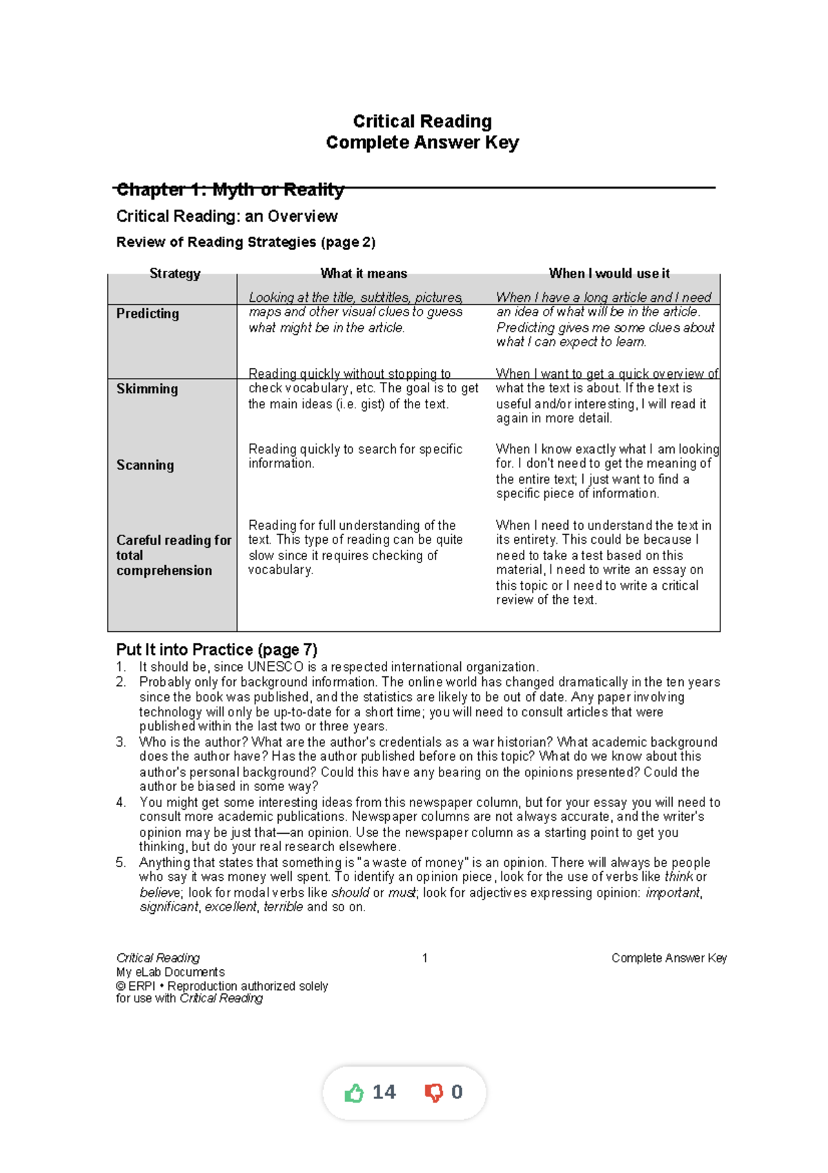 Critical Reading 1-10 Complete Answer Key for Students: ERPI Resources ...