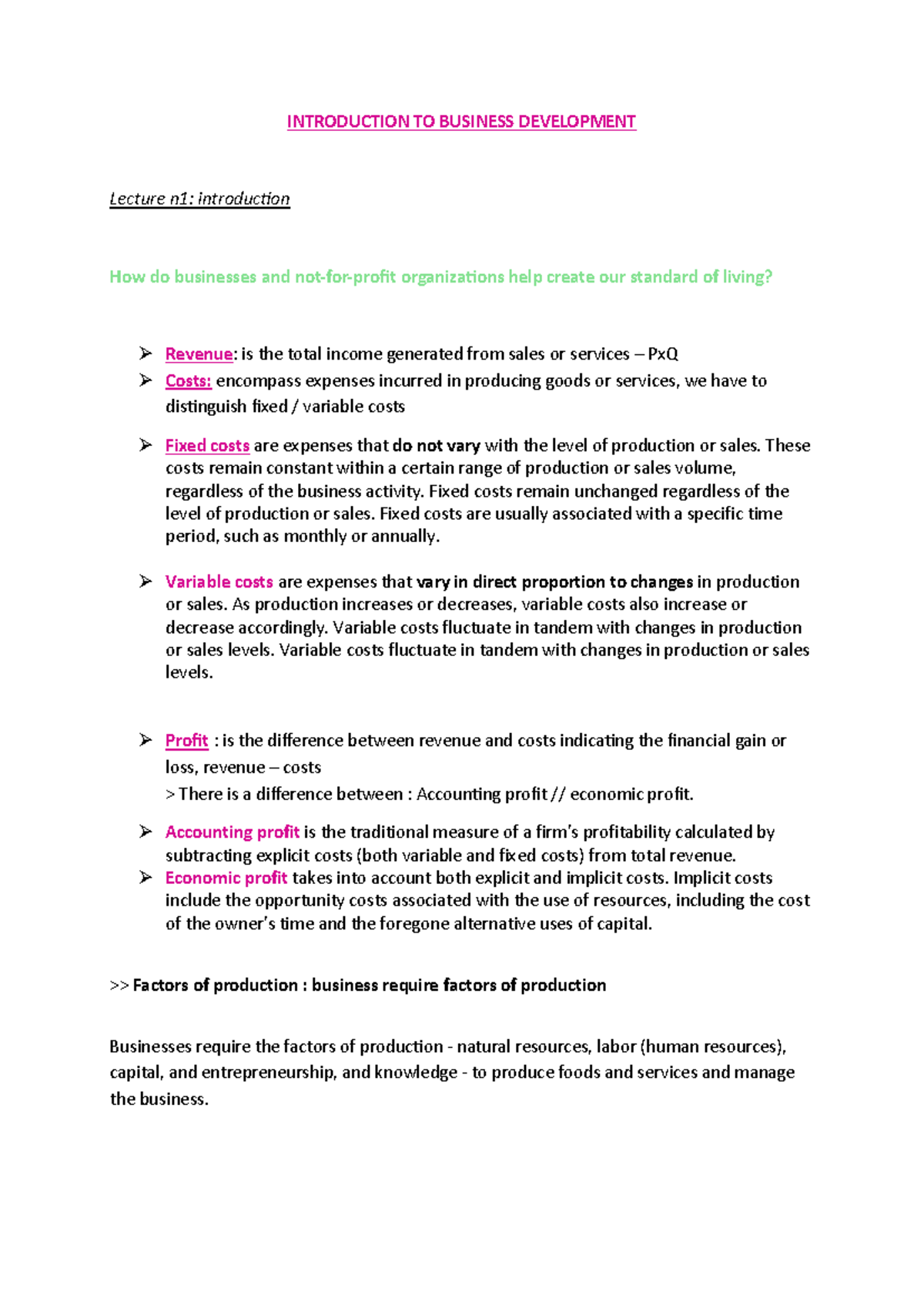 BUS 101: Introduction to Business Development Lecture 1 Notes - Studocu