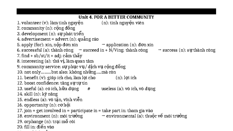 Unit 4: Vocabulary and Grammar Exercises for Community Service - Studocu