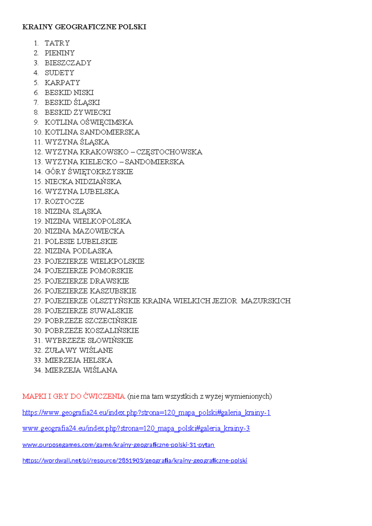 Sprawdzian Krainy Geograficzne Cz 1 Niz Polski www.studocu.com