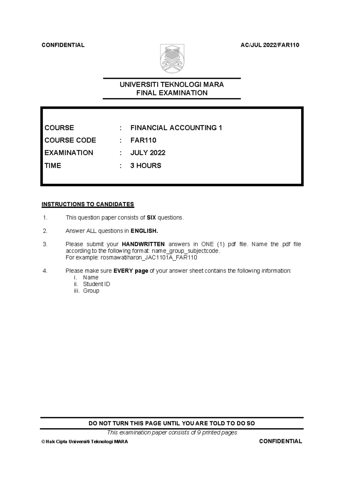 FAR110 Final Exam July 2022 - Financial Accounting 1 - Studocu