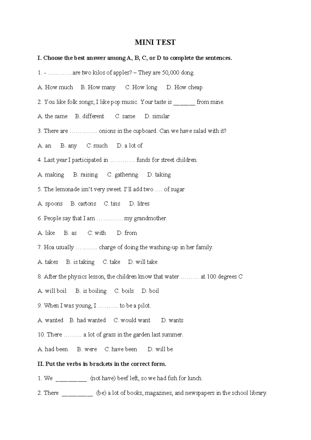 MINI TEST I - English Language Quiz on Sentence Completion - Studocu