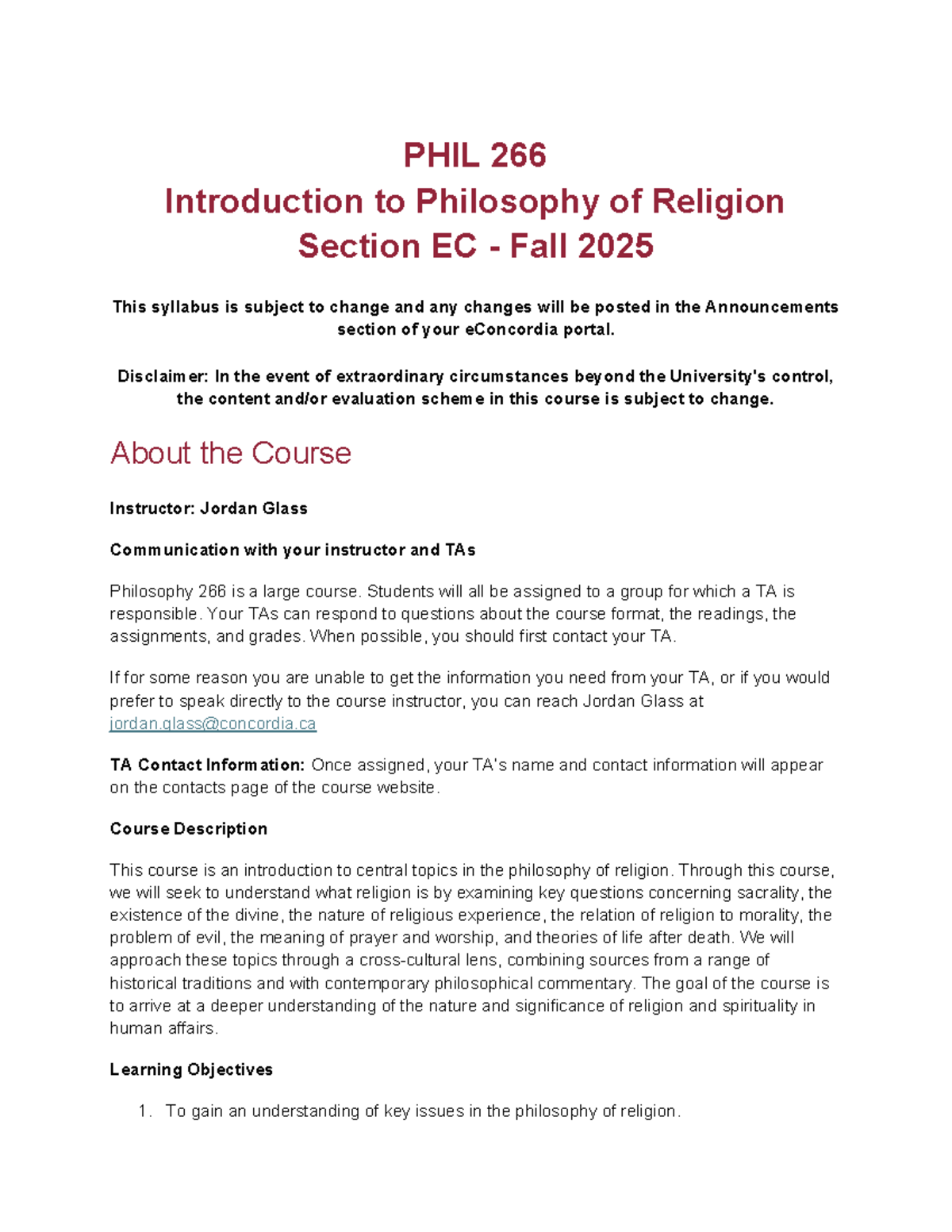 PHIL 266 Syllabus: Introduction to Philosophy of Religion Fall 2025 ...