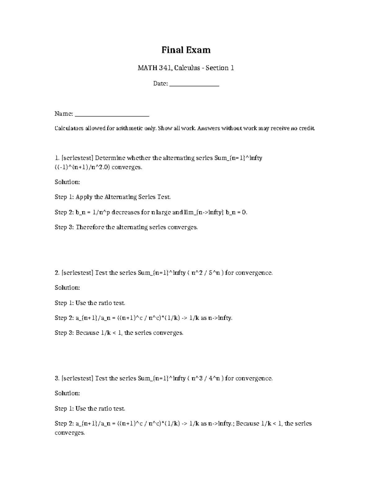 Final Exam Solutions for MATH 341: Calculus Section 1 - Studocu