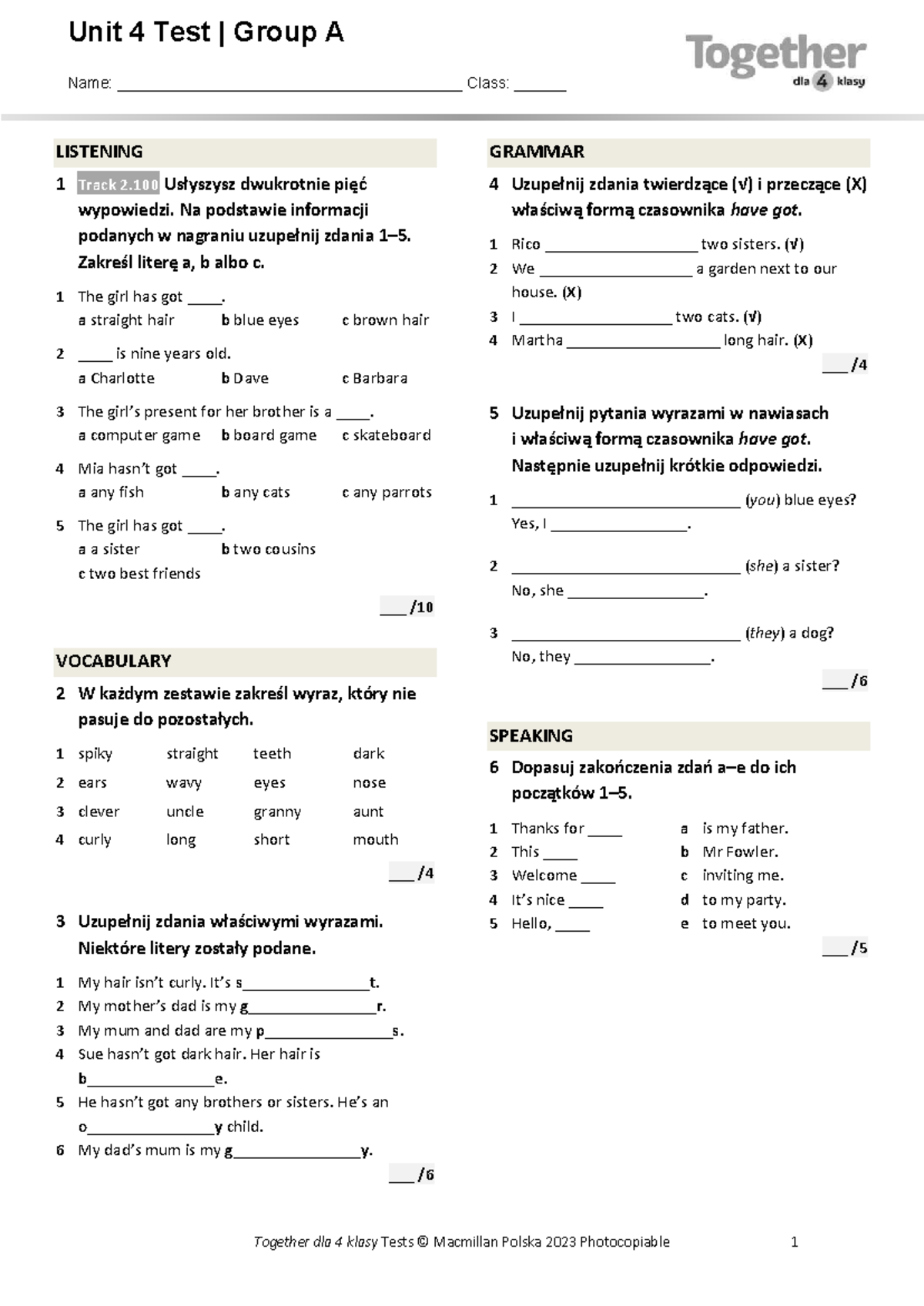 Unit 4 Test | Group A - Listening & Grammar Assessment - Studocu