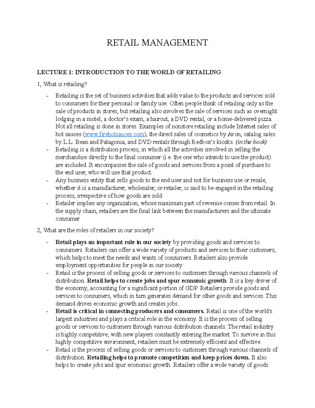 Retail- Management - This is the leccture notes of the course - RETAIL ...