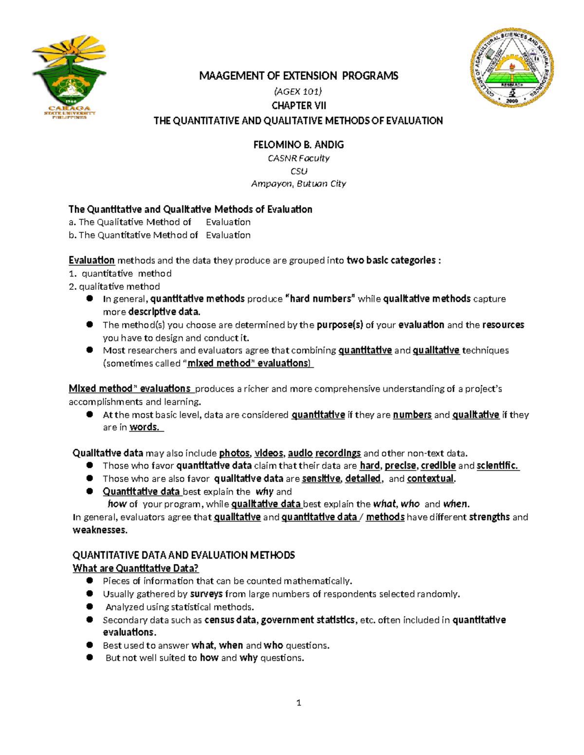 AGEX 101 - Chapter VII: Quantitative & Qualitative Evaluation Methods ...