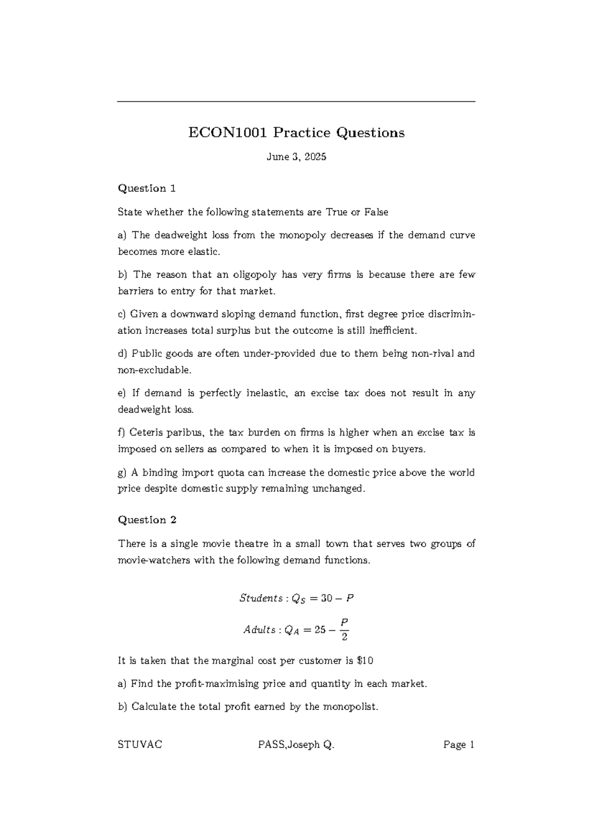 ECON1001 Practice Questions for Final Exam Preparation - Studocu