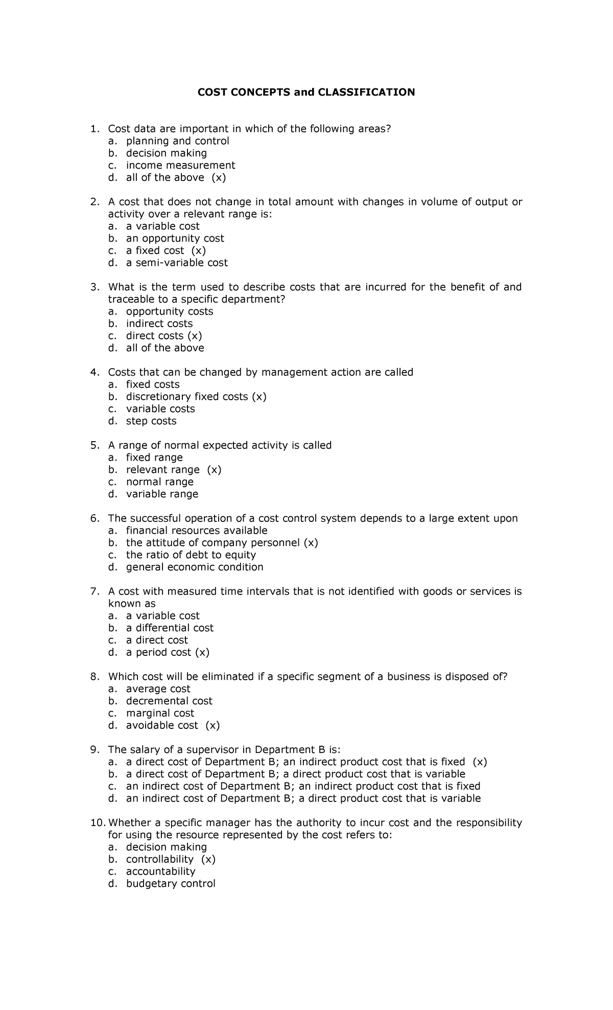 COST Concepts -Questions(KEY) - COST CONCEPTS and CLASSIFICATION 1 ...