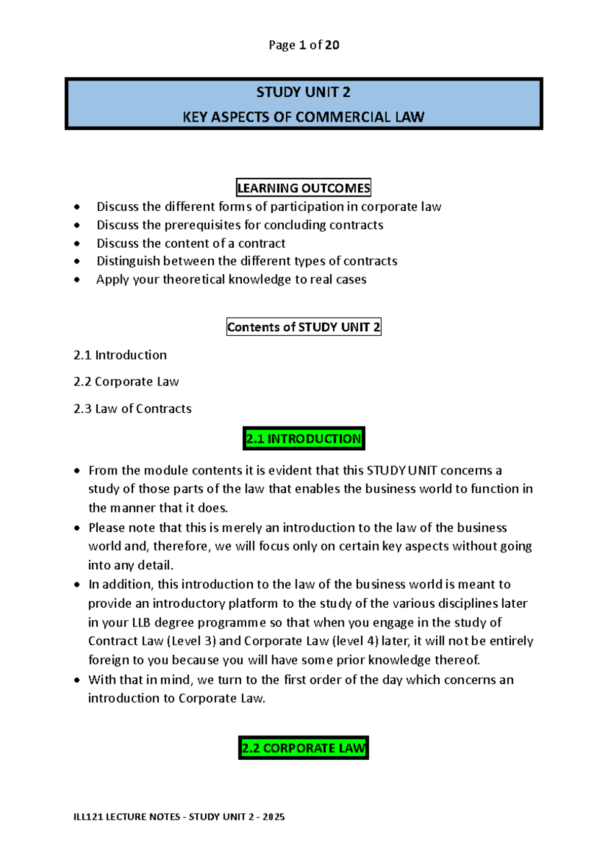 ILL121 - Study Unit 2: Key Aspects of Commercial Law & Contracts - Studocu