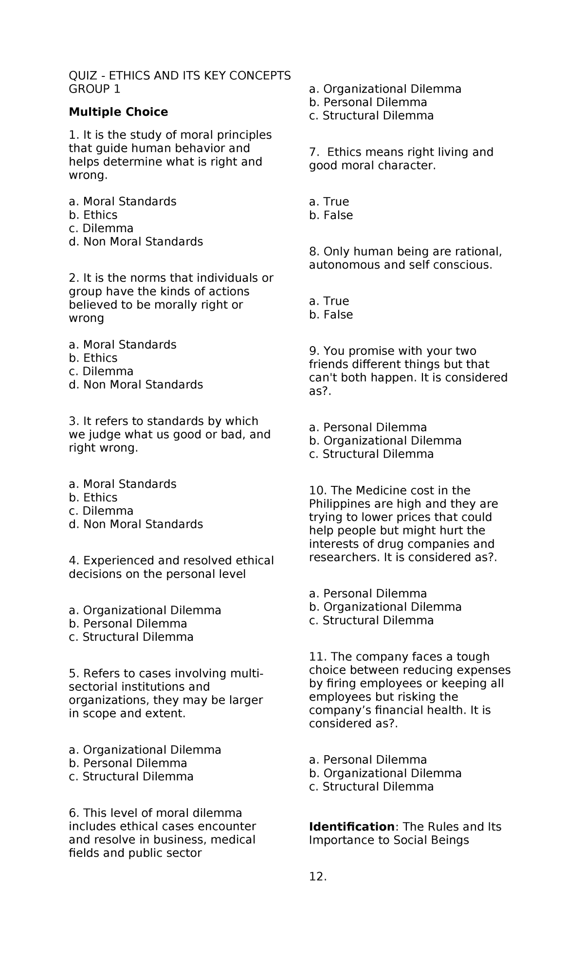 Ethics Quiz - Group 1 - QUIZ - ETHICS AND ITS KEY CONCEPTS GROUP 1 ...