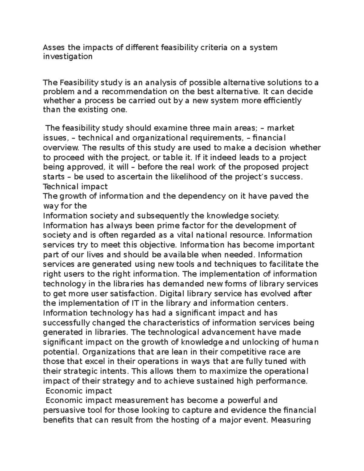 Assessing Feasibility Criteria Impact on System Investigations - Studocu