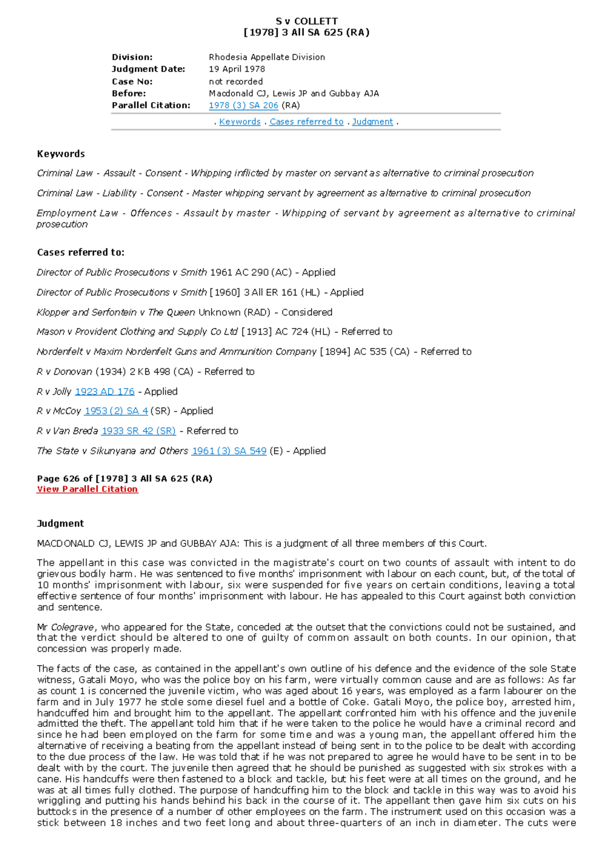 S v COLLETT 3 All SA 625 (RA) - Judgment on Assault Case - Studocu