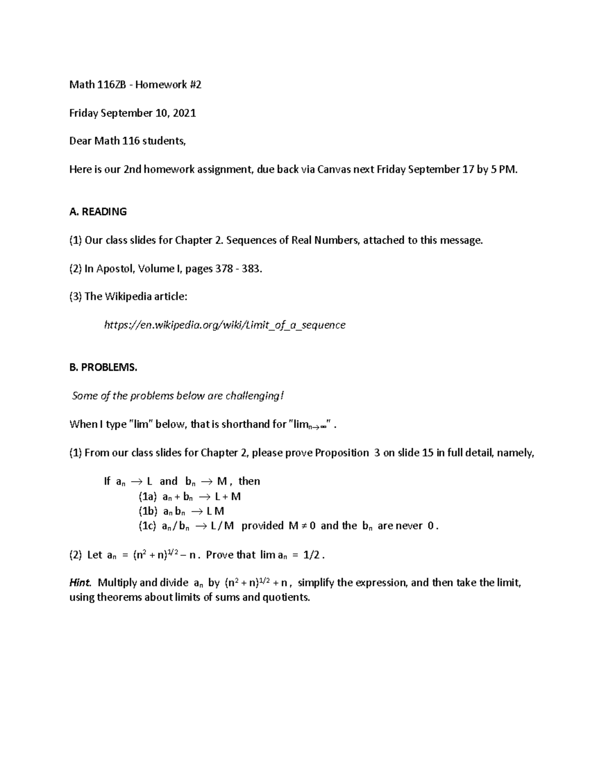 Math 116ZB - Homework Assignment #2 (Due September 17, 2021) - Studocu