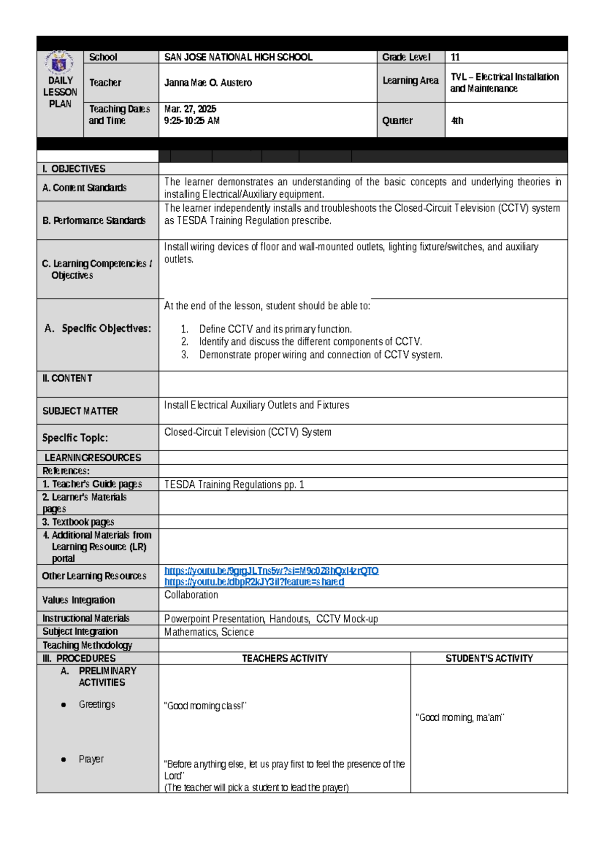 DLP 11 TVL Electrical Installation & Maintenance Lesson Plan - Studocu