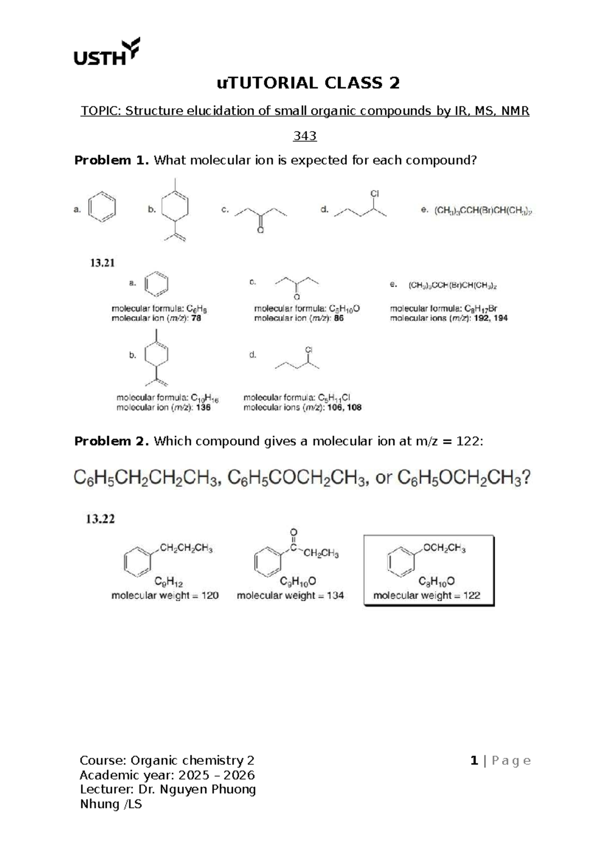 Tutorial Class 2: Structure Elucidation of Organic Compounds (ORGC 343 ...