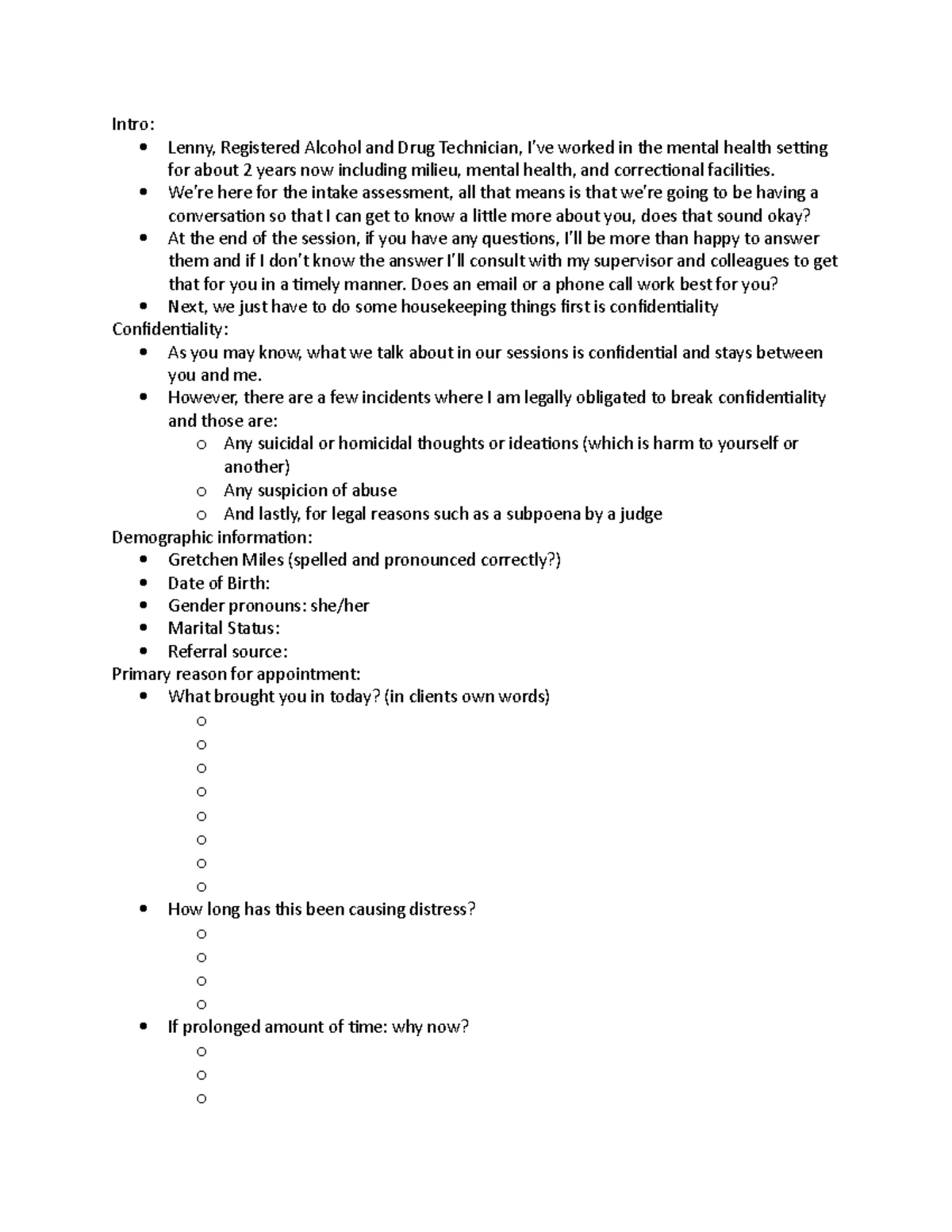 Benchmark Intake Report: Initial Interview of Jerry Potter - Studocu