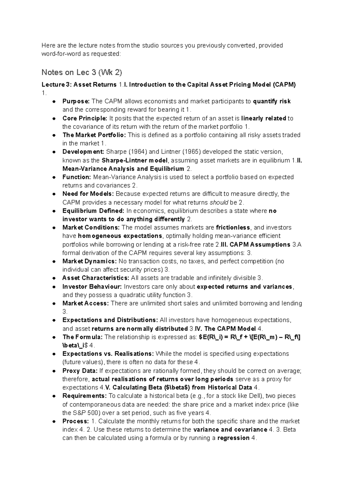 Combined Lecture Notes: Weeks 1-9 on Asset Pricing Models (FIN 301 ...
