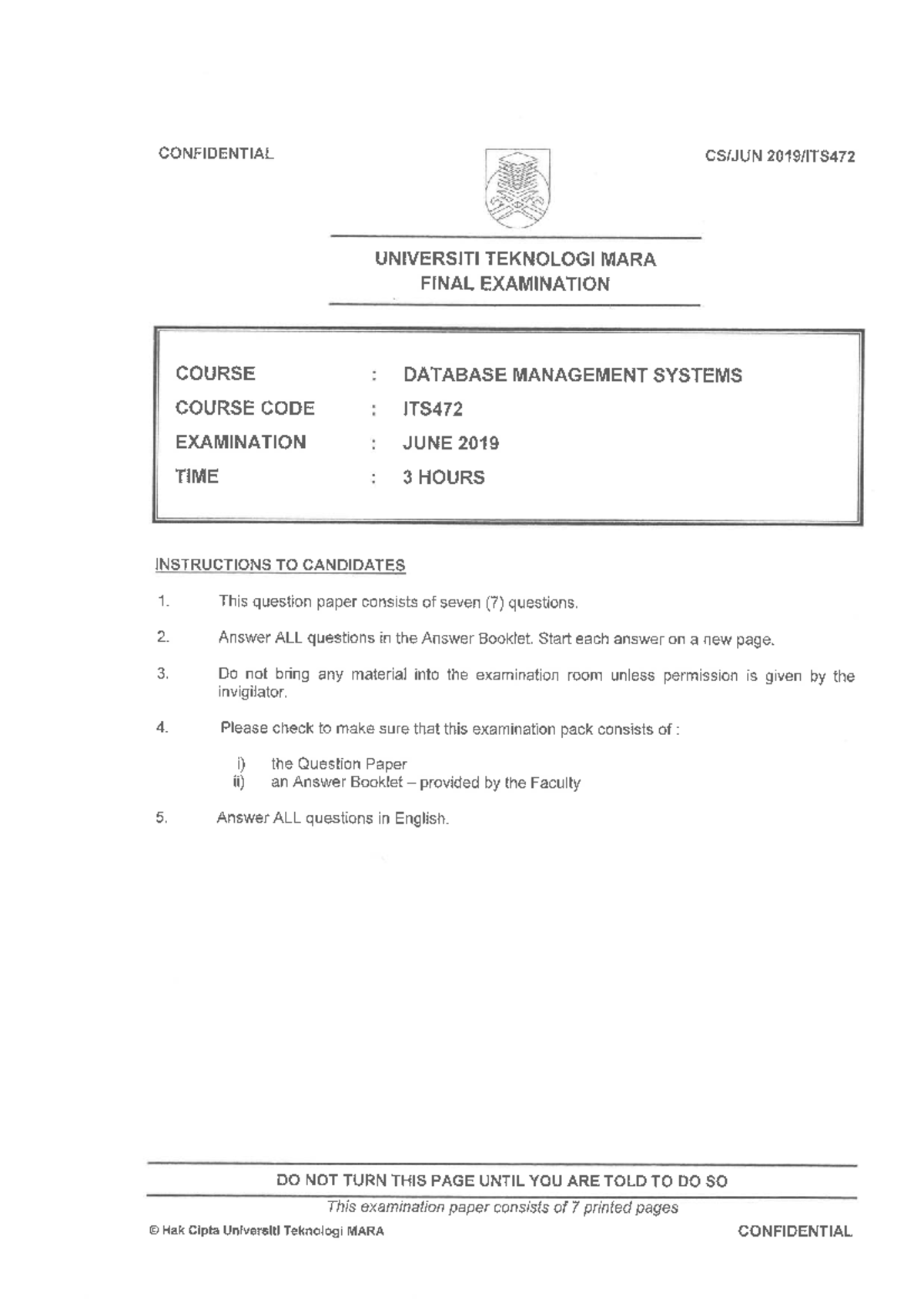 ITS472 DATABASE MANAGEMENT SYSTEMS FINAL EXAM JUNE 2019 - Studocu
