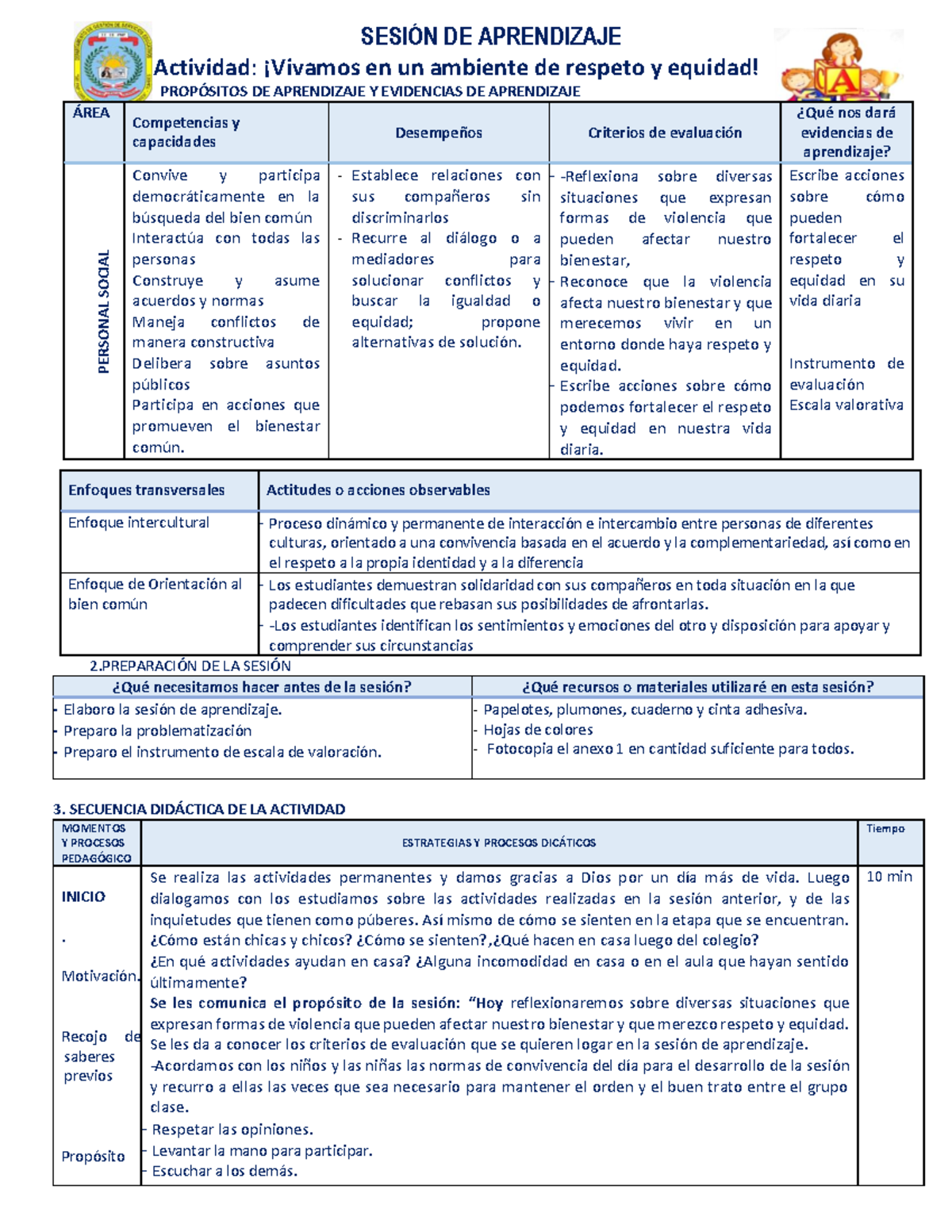 Xsesión DE Aprendizaje Tutoria Vivamos EN UN Ambiente DE Respeto Y ...