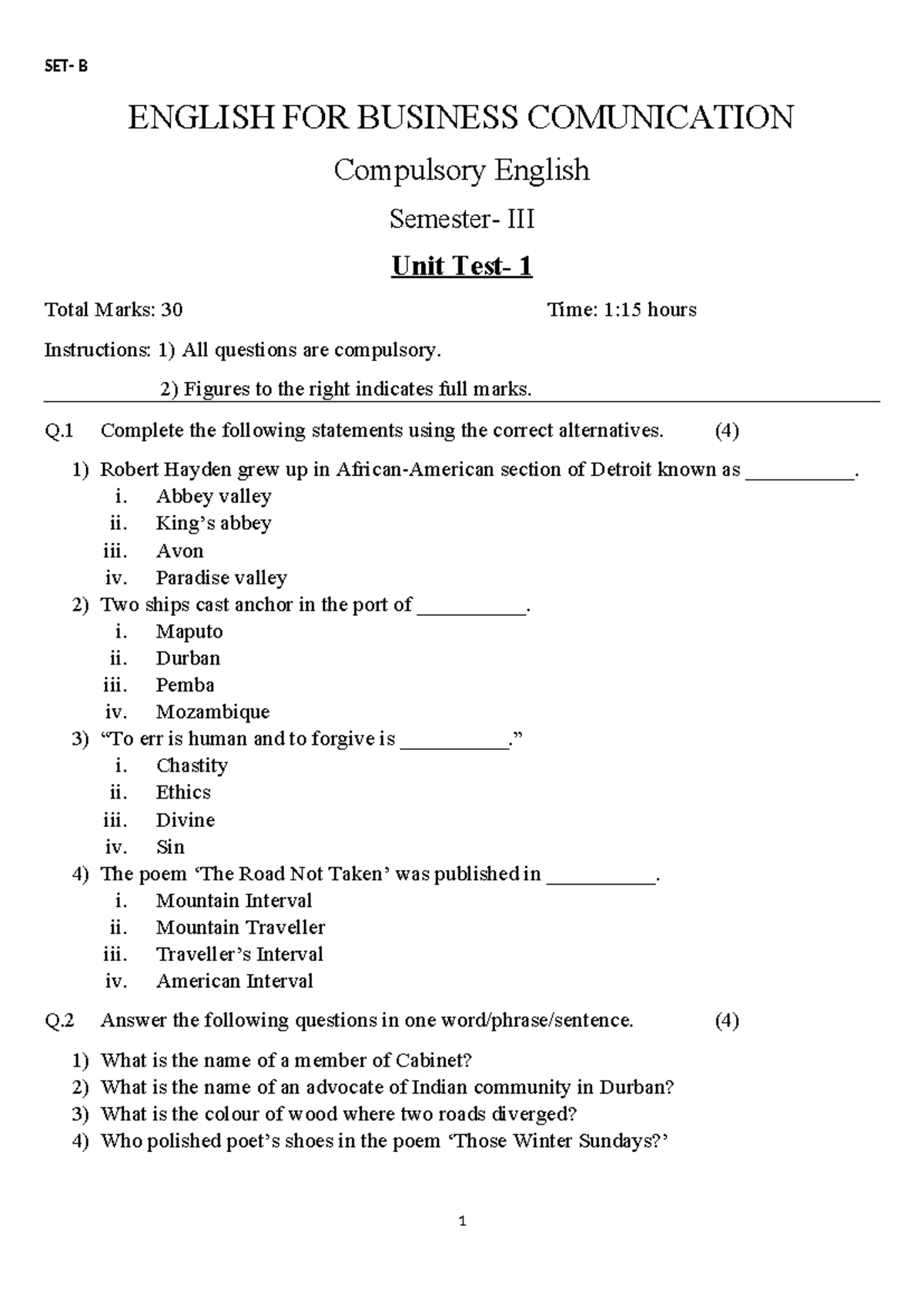 English for Business Communication - Unit Test 1 (Semester III) - Studocu