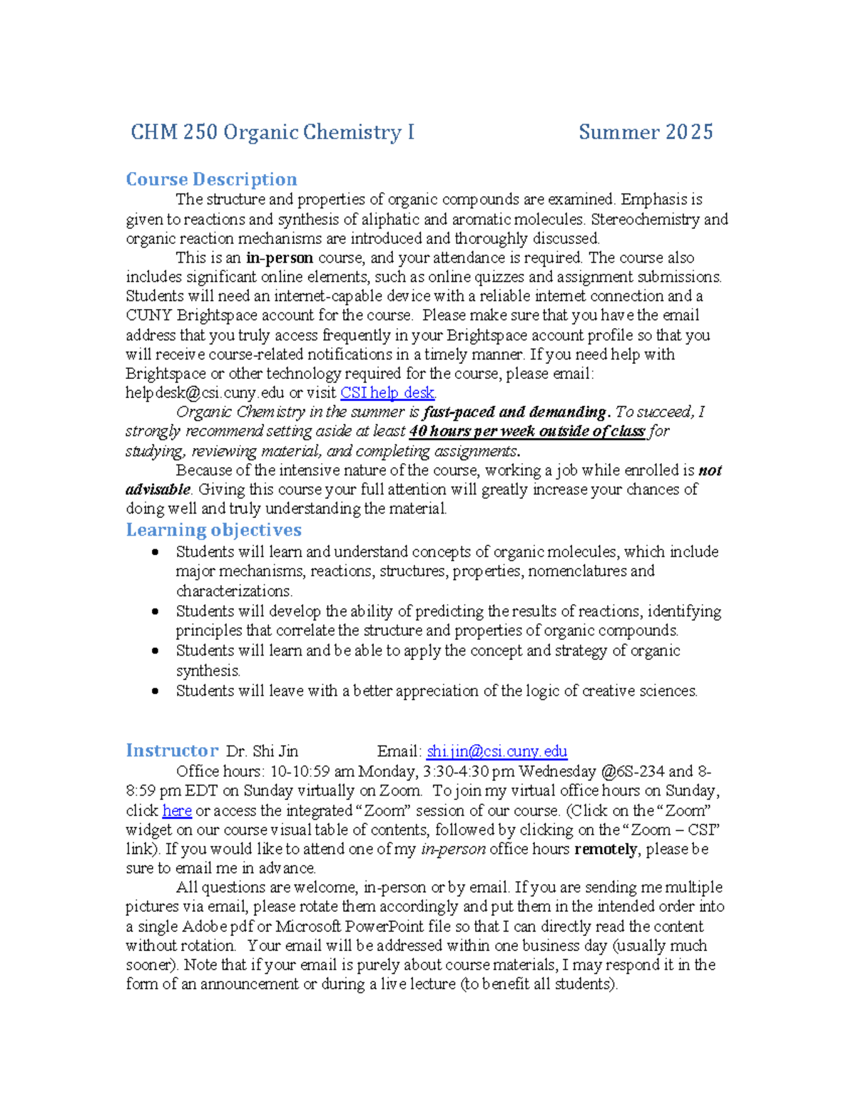 CHM 250 Organic Chemistry I Summer 2025 Syllabus Overview - Studocu